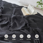 MooMee Muslin Blanket - 100% Cotton 4-Layer Gauze Throw Blanket with All-Around Fringe, Soft Breathable Lightweight Cooling Summer Blankets for Bed Couch (Dark Grey, Queen 90" x 90") - color: Dark Grey, size: Queen