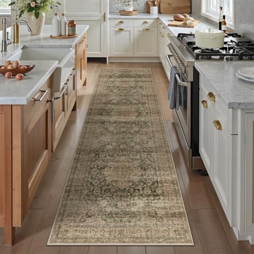 2x8 Washable Runner Rug Green Brown Vintage Non Slip Soft Low Pile Hallway Kitchen Rug Distressed Oriental Carpet for Laundry Bathroom Bedroom Living Room Home Decor - color: Green/Brown, size: 2' x 8' (Runner)
