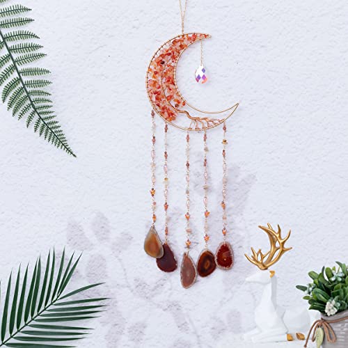 Agate Moon Dream Catchers with Crystal 7 Chakra Gemstone Dream Catchers Color Natural Gem Agate Wall Hangings Room Garden Dreamcatchers Decor (Orange) - color: Orange