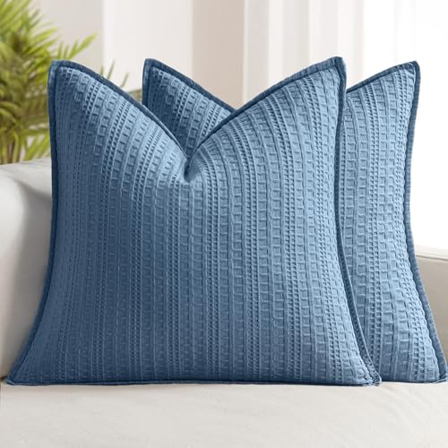 Set of 2 Decorative 100% Cotton Waffle Throw Pillow Covers 18x18, Neutral Coastal Euro Shams Weave European Cushion Cases for Couch Sofa Bed Modern Farmhouse Home Decor, Blue - color: Blue, size: 18" x 18" (Pack of 2)