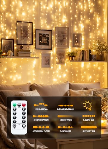 Brightown 300 LED Fairy Curtain Lights, 9.8ft x 9.8ft String Lights, USB Plug in 8 Lighting Modes Christmas String Hanging Lights with Remote for Bedroom Indoor Outdoor Party Xmas Warm White 2 Pack - color: Warm White, size: 2 Pack-300 LED-USB Plug