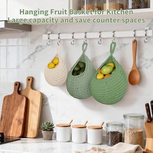 3 Pack Boho Decor Hanging Friut Baskets for Kitchen, Hand-woven Cotton Wall Baskets with Hooks 3 Sizes, Hanging Holder Teardrop Produce Basket for Fruit Vegetable Potato Onion Storage, Beige & Green - color: Beige+LightGreen+DarkGreen, size: 3 Pack
