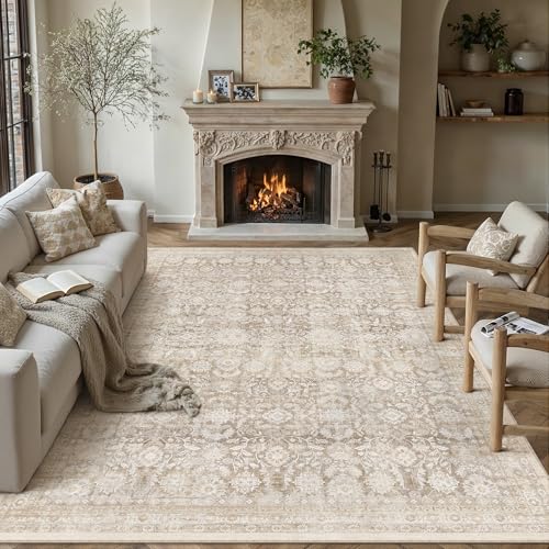 8x10 Beige Washable Neutral Area Rug Living Room Floral Non Slip Low Pile Large Rug Vintage Traditional Stain Resistant Distressed Carpet Bedroom Dining Room Office Playroom - color: Accent | Beige, size: 8'x10'