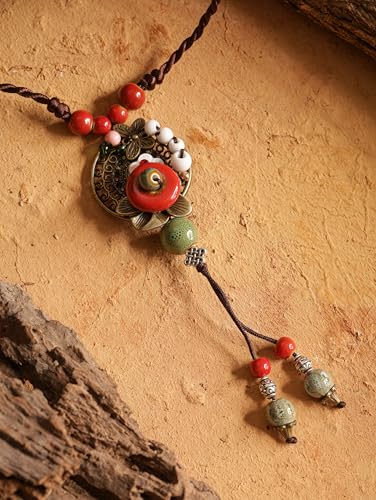 MINACHI Vintage Bohemian Colorful Ceramic Bead Antique Flower Y Necklace, Vintage Boho Hippie Statement Jewelry Gift for Women - color: S06