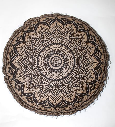 Black Gold Ombre Round Mandala Floor Pillow Cover Seating Cushion Throw Cover Hippie Decorative Bohemian Ottoman Pouf Cover, Pom Pom Pillow Cases,Boho Indian 32 Inches - color: Black Gold, size: 32" Round