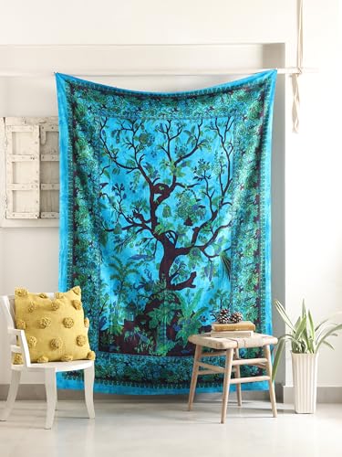Popular Handicrafts Tapestry Wall Hanging Hippie Tree of Life Kaleidoscope Bohemian Hippy Intricate Floral Design Indian Tapestries Bedspread Turquoise 53 x 78 Inch - color: Turquoise, size: 78"L x 53"W