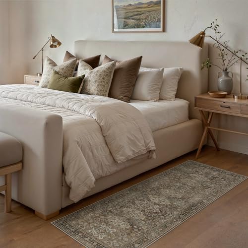 Bavni Washable Runner Rug 2x7, Non Slip Long Hallway Rug, Vintage Print Low Pile Ultra Thin Washable Carpet for Kitchen Bedroom, Brown - color: Brown, size: 2' x 7' (Rectangular)