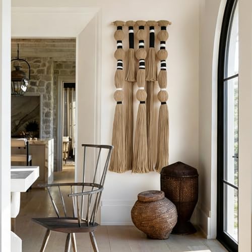 Flber Macrame Wall Hanging Khaki Black Geometric Yarn Wall Art Cotton Tassel Textile Wall Decor for Bedroom Living Room 15.7" W x 39" L - color: Khaki Black
