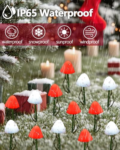 OZS 2PK 32LED 55FT Red and White Christmas Decorations Mushroom Solar Lights, Christmas Lights Outdoor with 8 Lighting Modes, Solar String Lights Waterproof for Outside Yard Party - color: Mushroom-Red & White (Christmas)