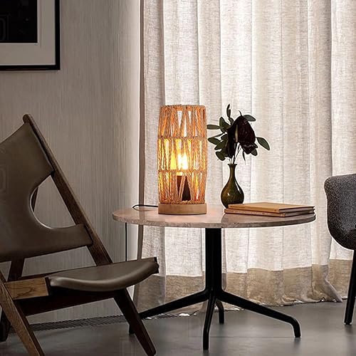 Bamboo Rattan Table Lamp for Living Room, Boho Handmade Woven Cylinder Lampshade Standing Lamp with Natural Wooden Base, Industrial Wicker Desk Light Decoration for Bedroom, Farmhouse