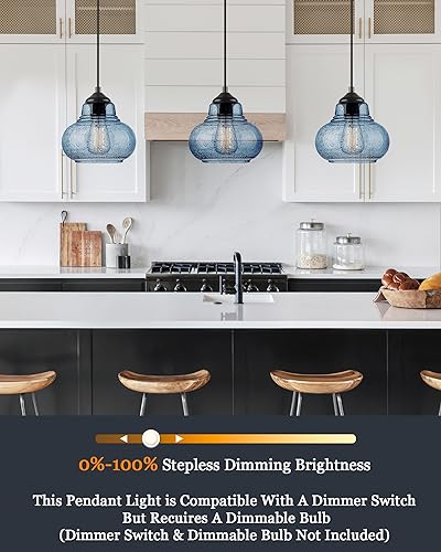 ELYONA 2 Pack Bubble Glass Pendant Lights 8 inch Modern Blue Hand Blown Globe Glass Pendant Lighting Hanging Light fixtures for Kitchen Island Dining Room Bar Bedroom Living Room - color: Blue-2 Pack