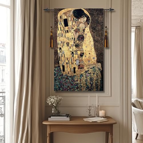 ORIMONY The Kiss by Gustav Klimt Woven Tapestry Wall Hanging, Large Vintage Medieval Tapestry for Room Aesthetic (47L x 27W) - size: 47"L x 27"W