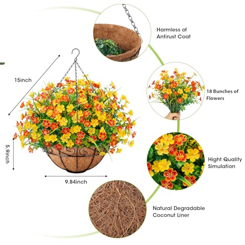 Ouddy Decor Artificial Hanging Flowers with Basket, Faux Silk Flowers in Coconut Lining Basket, Spring Summer Outdoor Decor Fake Hanging Plants for Garden Patio Yard Porch Lawn, Orange - color: Orange
