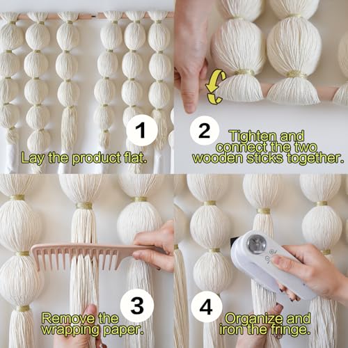 IOWER Macrame Wall Hanging Boho Wall Decor Ball Tassels Handmade Boho Woven Wall Decor for Living Room Bedroom Background 27" W x 39" L - color: Ivory with Gold