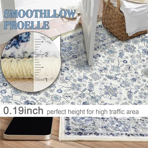 Area Rug for Living Room 3x5, Machine Washable Vintage Oriental Soft Carpet, Low Pile Thin Floor Area Rugs with Non Slip Backing for Office Door Mat Kitchen Bathroom Indoor Dorm Dining Room - color: Blue, size: 3x5