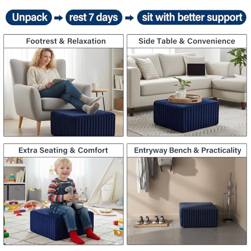 Tiita Suqre Stuffed Pouf Ottoman, Stripe Poufs 21×21×10 inch with Foam Chunk Filling, Floor Bean Bag Floor Chair Storage for Living Room Bedroom Home Decor, Navy Blue - color: Striped Square Navy Blue
