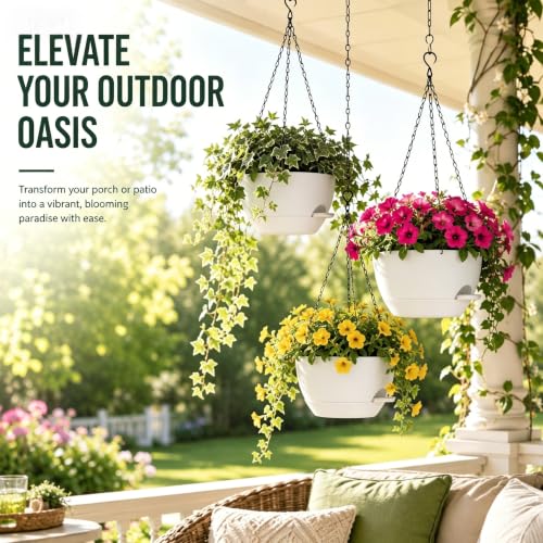 2 Pack Hanging Planters for Indoor Outdoor Plants, 12Inch Self Watering Hanging Pot with Drainage Holes and Saucer, Plastic Plant Pots, White Flower Pots for Kitchen, Balcony, Garden - color: White