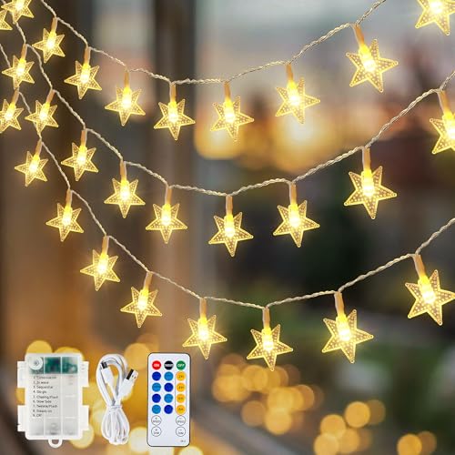 HEYFUNi Star String Lights with Remote, 16ft 50 LED Cute Fairy Lights USB & Battery Operated, 8 Modes & Timer, Waterproof Hanging Star Decor for Kids Bedroom, Nursery, Dorm Decor, Warm White - color: Warm White, size: 50 LED-Battery&USB