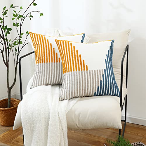 Modern Striped Embroidered Throw Pillow Covers 16x16 Set of 2 Textured Tufted Patterned Cotton Boho Pillow Covers Spring Decorative for Couch Bed Living Room Outdoor Yellow and Blue - color: Yellow and Blue, size: 16" x 16" (Pack of 2)