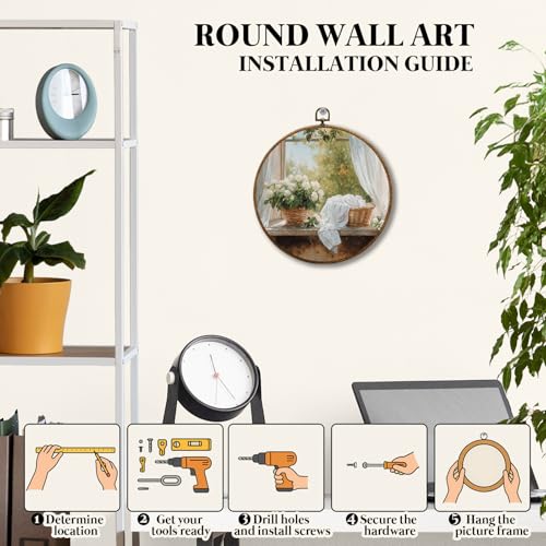 JUIOEIU Vintage Laundry Room Round Wall Decor,Rustic Farmhouse Framed Canvas Prints, Country Cottagecore Landscape Floral Wall Art Hanging Decorations for Washroom Bathroom Laundry Room Decor, 10x10in - color: Laundry room02