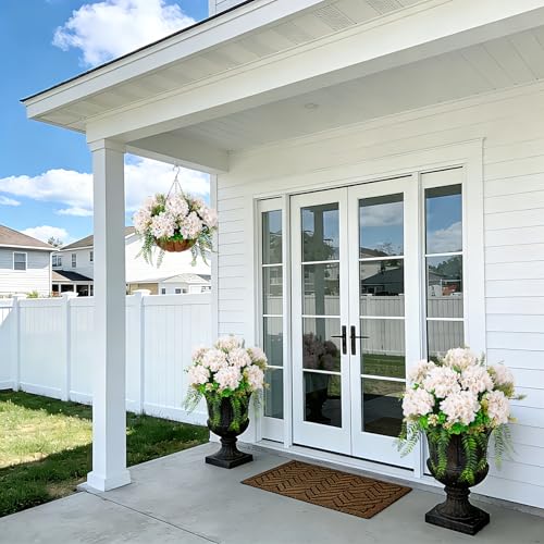 Ammyoo 8 Pcs Artificial Hydrangea Flowers Silk White Fake Flower with Eucalyptus for Outdoor Decorations UV Resistant Realistic Faux Plants for Garden Porch Window Box Indoor Table Decor - color: White