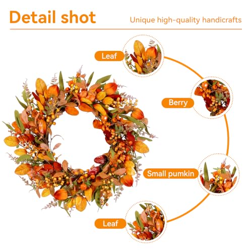 20" Fall Wreath Front Door Pumpkin Artificial Wall Decor Farmhouse Autumn Wreath Thanksgiving Home Porch Outdoor Indoor Holiday Harvest Decor - color: Beige, size: 20''