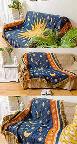 Erke 70" x 90" Sun and Moon Blanket Celestial Couch Sheet Cover Witchy Hippy Home Decoration, Double Sided Cotton Woven Hippie Throws Wicca Blankets for Couch Bed Recliner Decor - Yellow/Blue - size: 70" x 90"