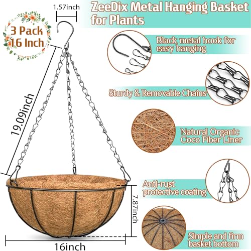 ZeeDix 3 Pack 16 Inch Large Hanging Baskets for Plants Outdoor with Coconut Liners Replacement, Hanging planters Baskets with Natural Coco Liner for Outdoor Indoor Planters Flowers Vegetables - color: 3 Pack, size: 16 Inch
