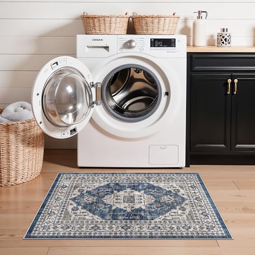 2x3 Washable Vintage Area Rug: Indoor Soft Entryway Rug with Non Slip Backing Water Resistant Carpet for Kitchen Bathroom Laundry Low Pile Door Mat Perfect for Homes with Cats & Dogs(2x3,Blue) - color: Blue, size: 2' x 3' (Rectangular)