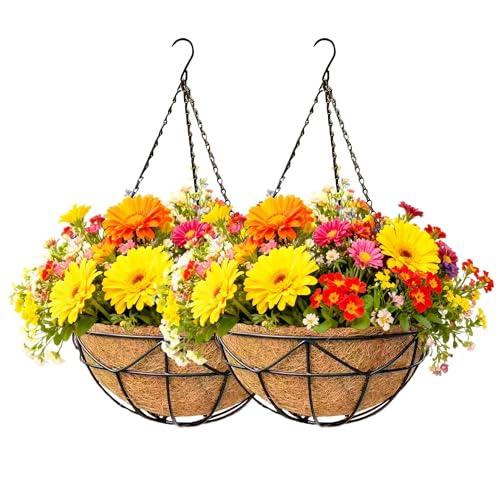 2 Pack 12 Inch Black Metal Hanging Basket Hanging Planter with Coco Coir Liner Heavy Duty Hanging Flower Pot Holder for Indoor Outdoor Patio Garden Porch Balcony Decor (Geometric) - color: Geometric