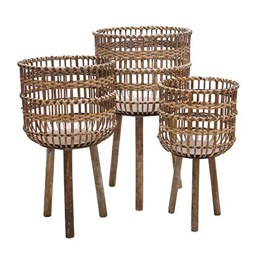 Sagebrook Home Set of 3 Wooden Planter Stands Bamboo Decorative Flower Pots for Indoor Outdoor Use, Rustic Woven Plant Holders with Legs for Home & Garden Decor, 19", 22"& 26" H - color: Woven Brown, size: 26" H