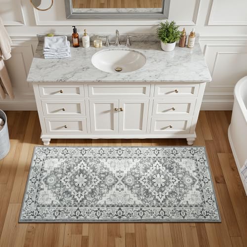 Lessymo 2 x 4 Entryway Rug, Machine Washable Area Rugs Boho Faux Wool Low Pile Area Rug for Bedroom, Floral Medallion Vintage Outdoor Rugs with Non-Slip Rubber, Grey Beige - color: Grey Beige, size: 2' x 4' (Runner)