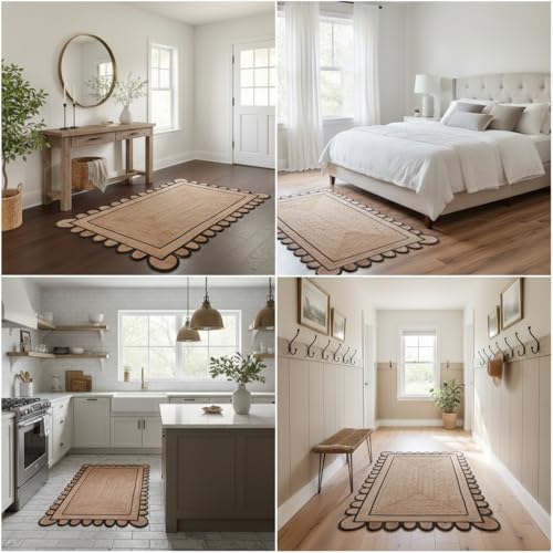 Braided Scalloped Jute Rug Natural with Black Trim, Handmade Farmhouse Boho Area Rug for Entryway, Kitchen, Hallway, Living Room, Bedroom, Rustic Woven Floor Rug - (Black- 3X5 ft) - size: 3' x 5' (Rectangular)