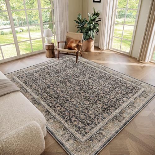 Washable 5x7 Area Rugs for Living Room, Boho Non-Slip Vintage Rugs for Bedroom Dining Room Nursery Office, 0.3" Neutral Oriental Throw Thin Carpet with Cushioning Pad, Black/Blue/Multi,A1 - color: Black/Blue/Multi, size: 5' x 7' (Rectangular)