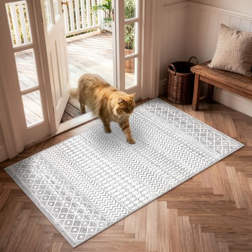 Moroccan Washable Area Rug, 2x4 Non-Slip Front Door Mat Indoor Entrance, Low-Pile Ivory Gray Distressed Rug Throw Rugs for Bedroom Kitchen Bathroom Laundry Room - color: Ivory / Gray, size: 2' x 4' (Rectangular)