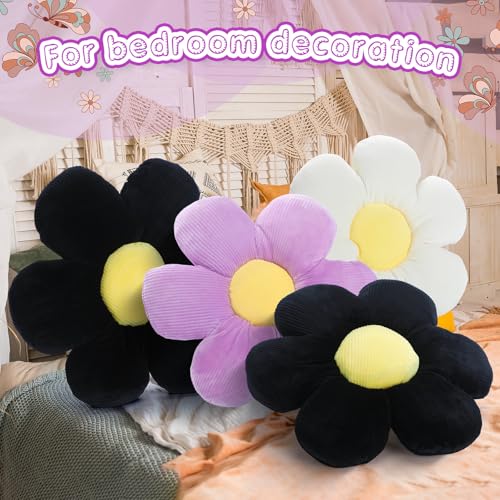 Reginary 4 Pcs Flower Floor Pillows Cute Plush Flower Throw Pillows Daisy Floor Seat Cushion Chair Pads for Back to School First Day of School for Sofa Couch Bed Decor(15 Inch,Black, White, Purple) - color: Black, White, Purple