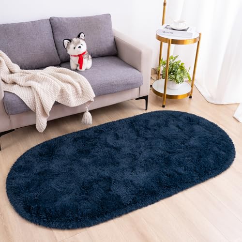 Goideal Fluffy Bedroom Rug, Small Oval Area Rugs, Navy Blue Shag Bedside Carpet for Kids Room Nursery Dorm Cute Fuzzy Indoor Decor for Boy and Girl, 2.6 x 5.3 Feet - color: Navy Blue