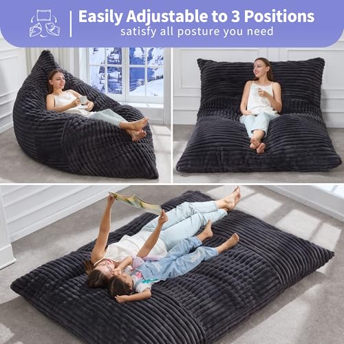 Hobestluk 3 in 1 Bean Bag Chair Giant Bean Bag Chairs Convertible Bean Bag Floor Cushion with Machine Washable Cover, Beanbag Chairs for Adult (Dark Grey) - color: Dark Grey