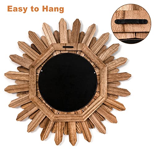 Emfogo Wall Mirror 21 inch Rustic Wood Sunburst Boho Mirror Wall Decor Home Decor for Bedroom Living Room Entryway Farmhouse (Carbonized Black) - color: Carbonized Black, size: 21"L x 21"W