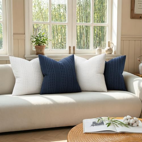 a moment 2 Pack Bamboo Fiber Pillow Covers - Waffle Weave, Ultra Soft & Breathable, Skin-Friendly Cotton Throw Pillow for Couch, Sofa, Bedroom Living Room 20x20 Inch Navy Blue - color: Navy Blue, size: 20" x 20" (Pack of 2)