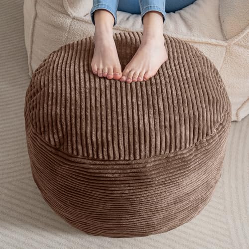 HIGOGOGO Round Stuffed Pouf Ottoman, Corduroy Poufs with Foam Chunk Filling, Furry and Fluffy Pouf Foot Stool Storage Ottoman, 20 X 15 Floor Poufs Foot Rest for Living Room, Brown - color: Brown, size: 20"D x 20"W x 15"H