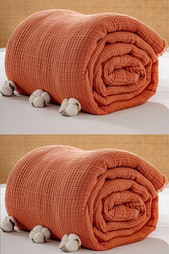 Muslin Blanket - Pure 100% Turkish Cotton Airy Soft Light Versatile Gauze Throw Blanket for Bed, Couch, Sofa (Brick, Twin XL Size (71" x 95" inch)) - color: Brick, size: Twin XL Size ( 71" x 95" inch )