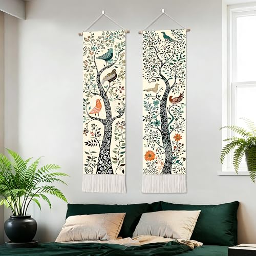 seewan 2 Pack Long Vertical Wall Tapestry, Boho Nature Landscape & Floral Aesthetic Wall Hanging for Bedroom Living Room Home Decor, Long Narrow Art Tapestry with Sunrise Mountain Botanical Designs, 13" × 51" (Art Nouveau Tree, 13"Wx51"H, Unframed) - colo