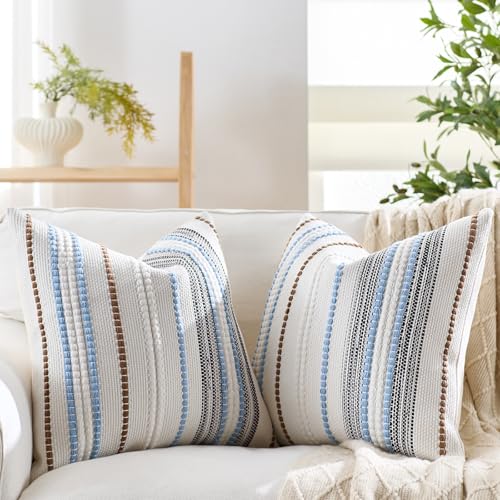 Boho Pillow Covers 18x18 Inch Blue White Brown Striped Farmhouse Decorative Accen Throw Pillow Covers Boho Cushion Case for Bed Sofa Couch Home Decor Set of 2 - color: Blue White Brown