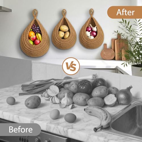 Hanging Fruit Baskets for Kitchen, 3 Pack Boho Cotton Rope Handwoven Vegetable Storage Wall Mounted Large Organizing Basket for Farmhouse Decor, Onion, Potato, Garlic and Plants (Caramel) - color: Caramel