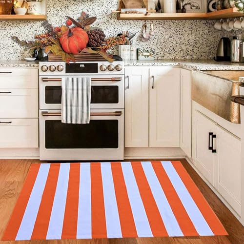 CAINANEL Fall Outdoor Rug Orange and White Striepd Rug 3' x 5' Front Door Mat Halloween Thanksgiving Fall Autumn Home Decor, Layerd Welcome Doormat for Front Porch Decor, Front Door, Farmhouse Decor - color: Orange and White, size: 3' x 5' (Rectangular)