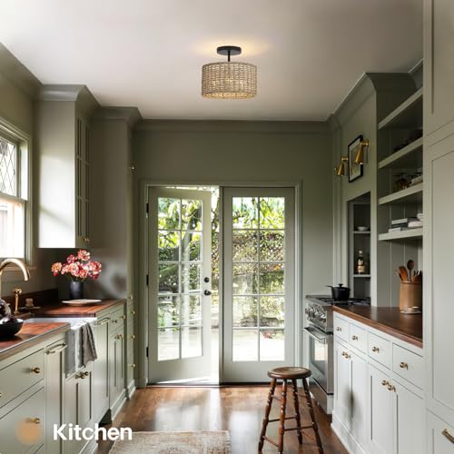 Boho Light Fixtures Ceiling Mount,12.6" Rattan Ceiling Light Fxiture,3-Light Semi Flush Mount Light Fixture,Farmhouse Wicker Ceiling Light for Hallway Bedroom Kitchen Nursery Entryway