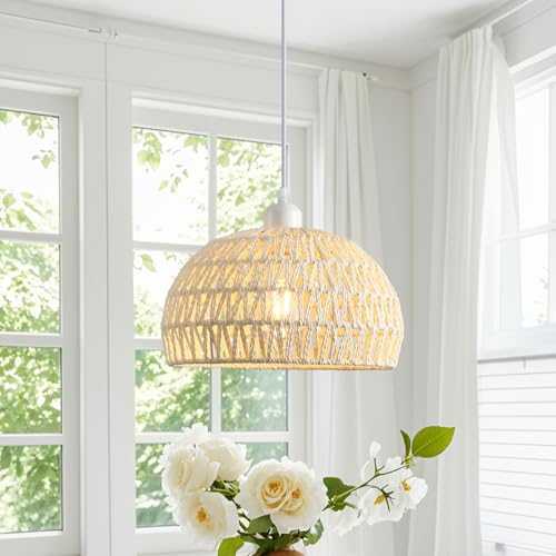 Rattan Pendant Light, 11" Boho Dome Dining Room Chandelier, Cream White Woven Kitchen Pendant Lighting over Island, Coastal Wicker Light Pendant Hanging Light Fixture for Nursery Entryway Bedroom, E26 - color: 11" Cream