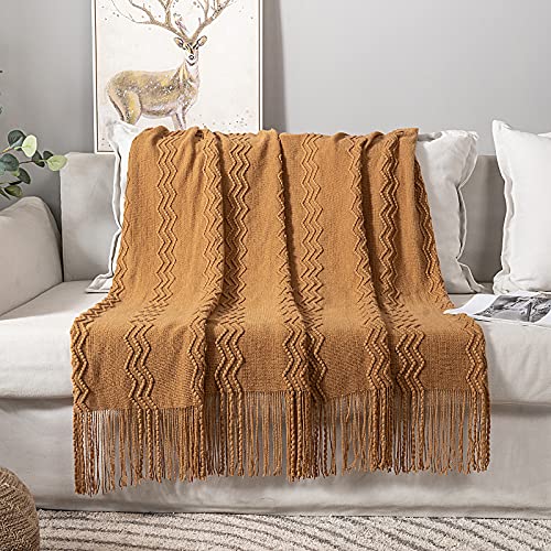 MIULEE Knitted Brown Throw Blanket for Couch,Boho Bed Decor Knit Outdoor Blankets Throw Size with Tassels Cozy Woven for Sofa Home Chair Wave Pattern 50" x 60" Inches - color: Brown, size: 50" x 60"