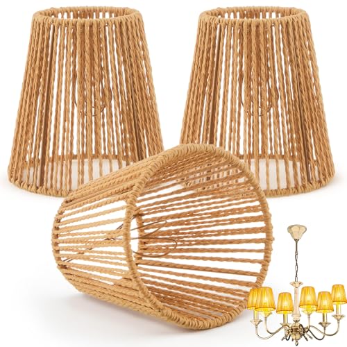 Riakrum 3 Pcs Chandelier Lamp Shades Set Small Lamp Shade for Pendant Wall Ceiling Lights Candle Bulbs Clip on Fitter Lampshade (Rattan,Brown)